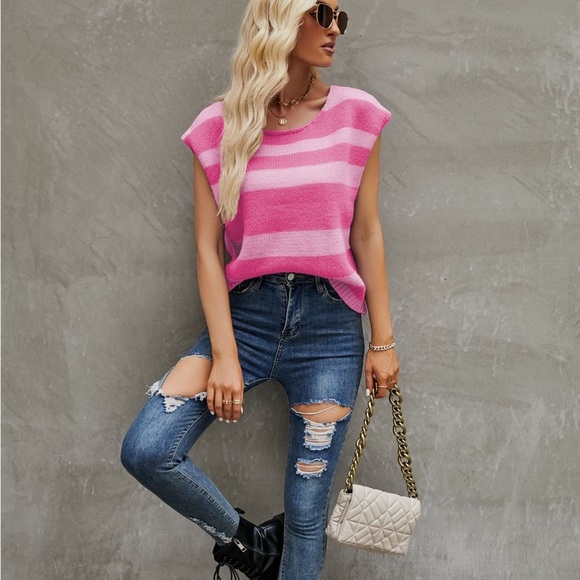 STRIPED ROUND NECK CAP SLEEVE KNIT TOP - Picture 3 of 3